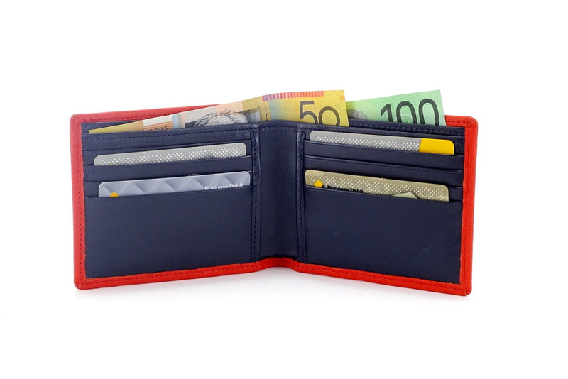 Martin bifold hip wallet showing the inside pocket layout with money & cards in place