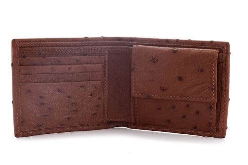 Martin large bi fold brown ostrich wallet showing inside pocket layout