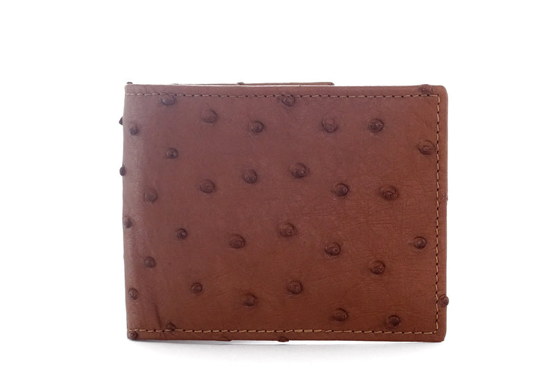 Martin large bi fold hip wallet showing the outside brown ostrich quills using the front view