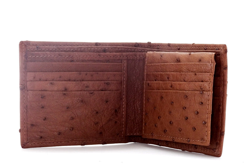 Brown ostrich large bi fold picture flap wallet showing the inside pocket layout