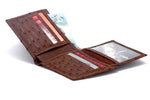 Martin brown ostrich large bi fold wallet showing the cards & notes in place with picture window in view