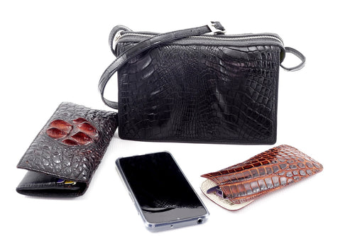 Handbag (Riley) Cross body bag - black matt crocodile elbows & leather with large crocodile purse, large smart phone & crocodile glasses case all fit into this bag