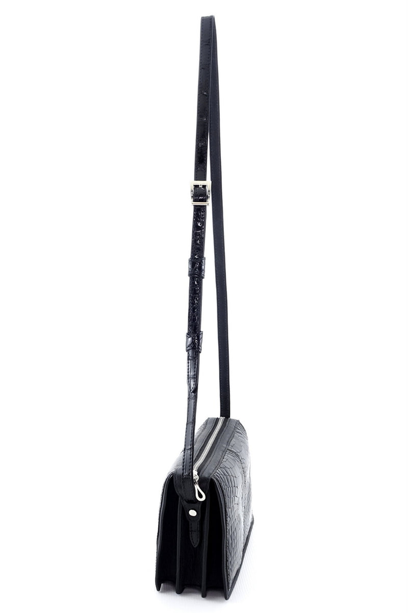 Riley black glaze crocodile elbows, showing the side view with shoulder straps extended