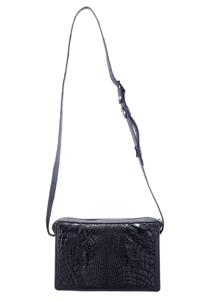 Handbag (Riley) Cross body bag - black matt crocodile elbows & leather long view of front of bag with shoulder straps extended