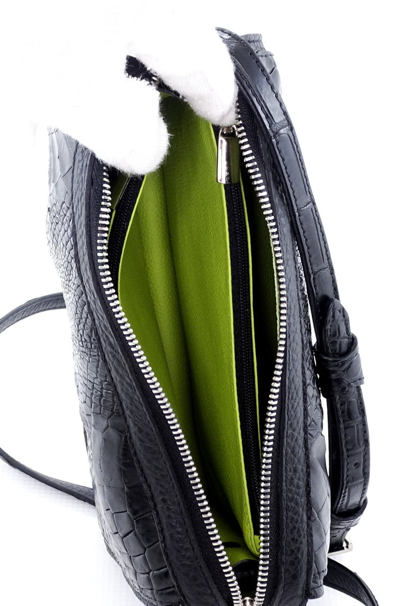 Handbag (Riley) Cross body bag - black matt crocodile elbows & leather taken from the top into the bag showing the lime green leather lining