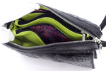 Handbag (Riley) Cross body bag - black matt crocodile elbows & leather showing the fabric lining on the internal pockets