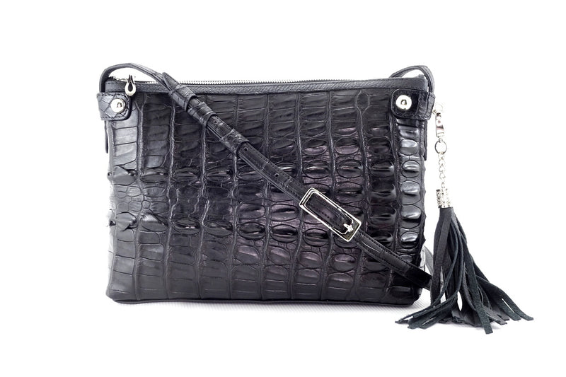 Rosie tote bag in black crocodile backstrap belly cut showing a front view 2