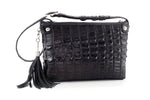 Rosie tote bag in black crocodile backstrap belly cut showing a front view 1