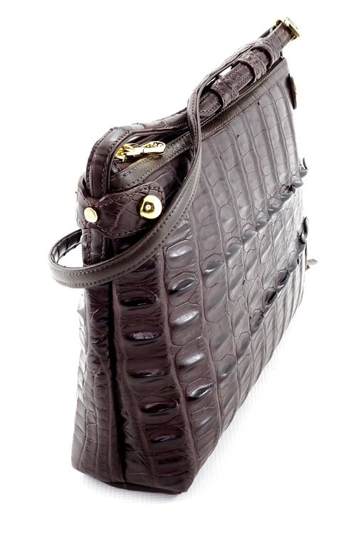 Rosie tote bag chocolate brown in colour. This photo showing side end view showing the texture of the crocodile