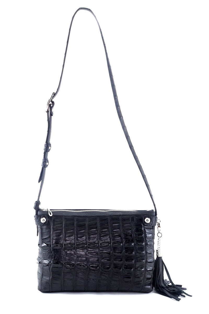 Rosie tote bag in black crocodile backstrap belly cut showing a front view 2 with shoulder straps up