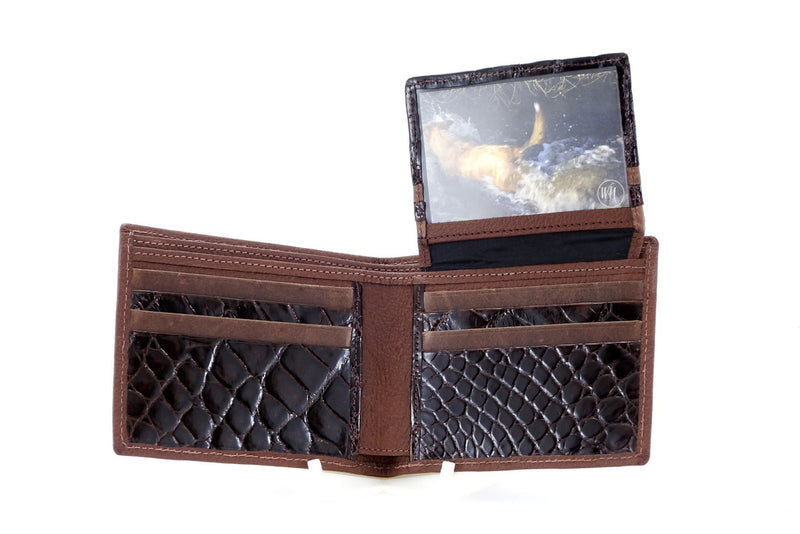 Martin wallet brown leather showing inside pocket layout, the picture flap is up, the wallet is open