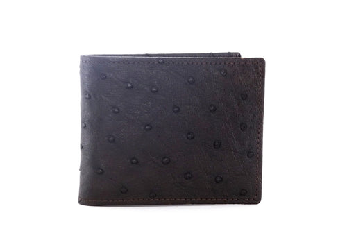 A very dark brown ostrich wallet with coin purse showing the front outside 