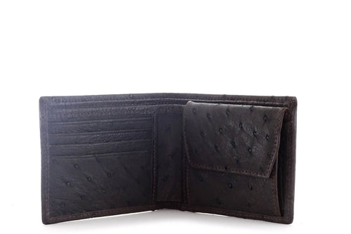 A very dark brown ostrich wallet with coin purse showing the inside pocket layout