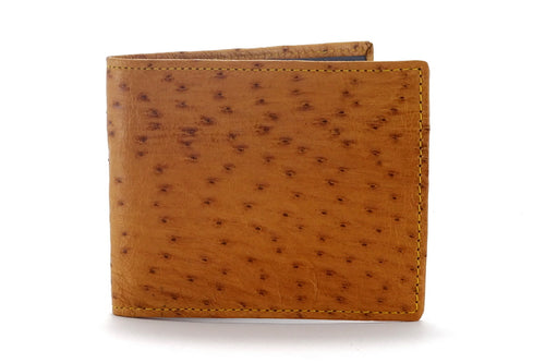 Tan ostrich skin wallet with crocodile, leather & Ostrich skins showing the outside front view