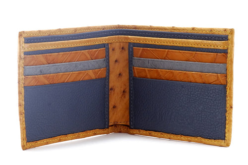 Tan ostrich skin wallet with crocodile, leather & Ostrich skins inside pocket layout