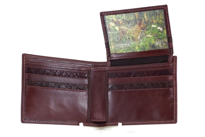 Wallet Martin shiny brown showing inside pocket layout wallet open