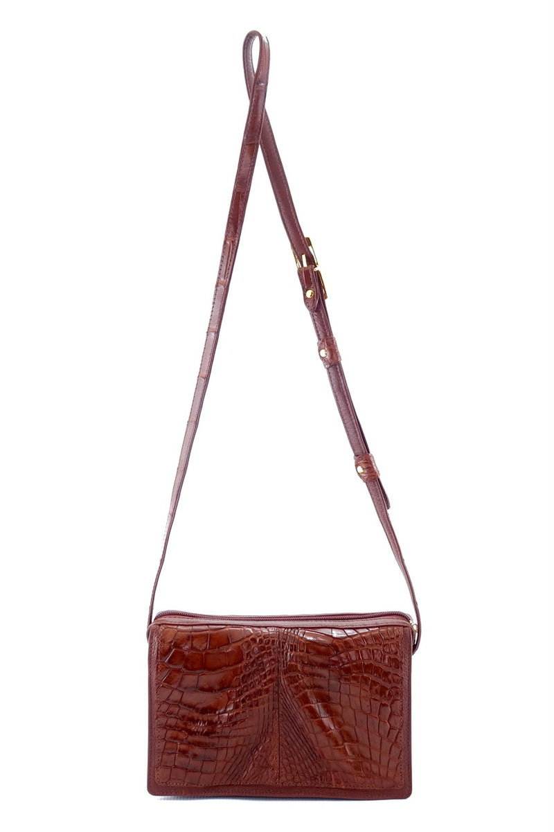 Handbag (Riley) Cross body bag havana tan crocodile & leather showing front view 1 with shoulder straps extended