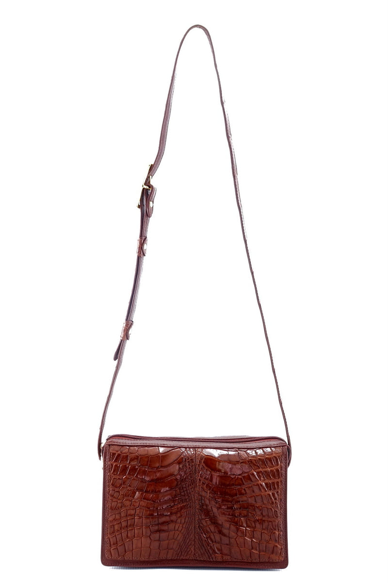 Handbag (Riley) Cross body bag havana tan crocodile & leather showing front view 2 with shoulder strap extended