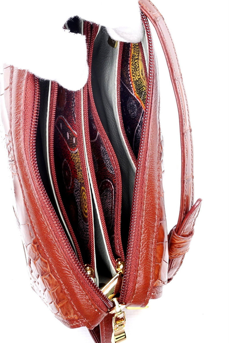 Handbag (Riley) Cross body bag havana tan crocodile & leather top view showing internal leather pockets fabric lining