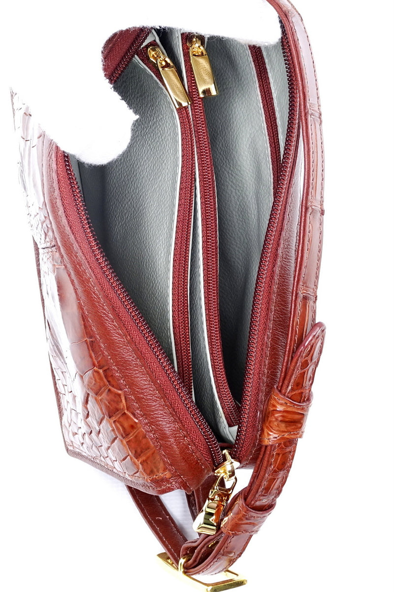 Handbag (Riley) Cross body bag havana tan crocodile & leather top view showing leather lining pockets & colour