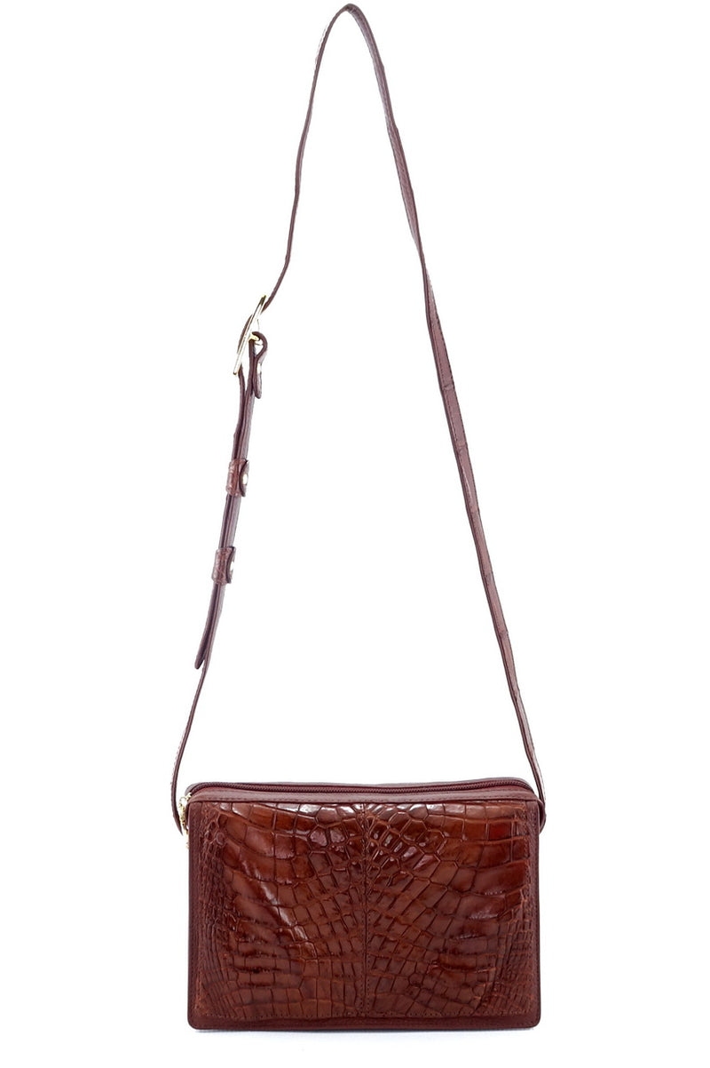 Handbag (Riley) Cross body bag havana tan crocodile elbows & leather long view of front of bag with shoulder straps extended