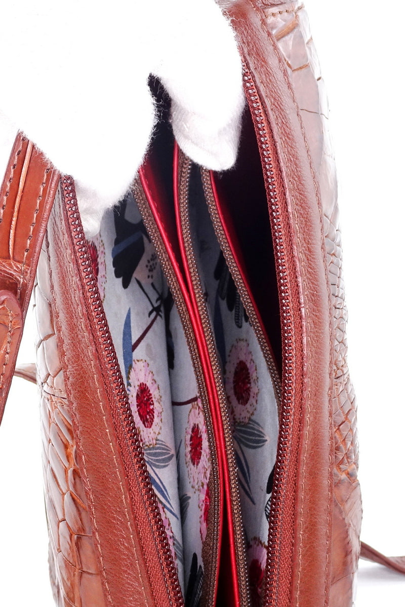 Handbag (Riley) Cross body bag havana tan crocodile elbows & leather showing the internal pockets fabric lining