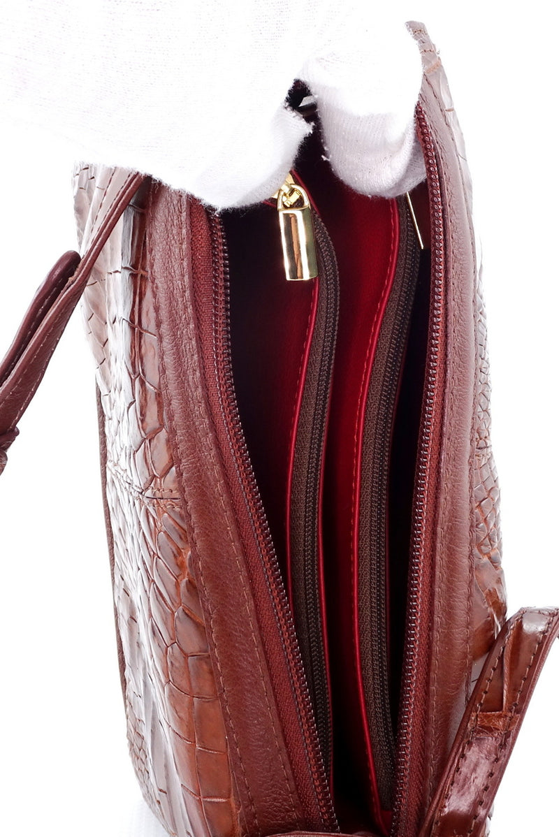 Handbag (Riley) Cross body bag havana tan crocodile elbows & leather showing the red leather lining