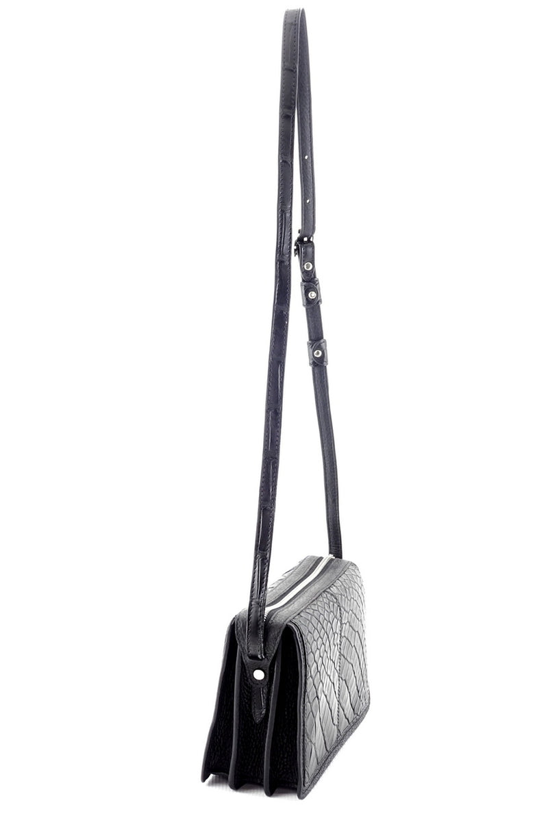 Handbag (Riley) Cross body bag - black matt crocodile skin & leather side view showing gusett end and extended shoulder straps