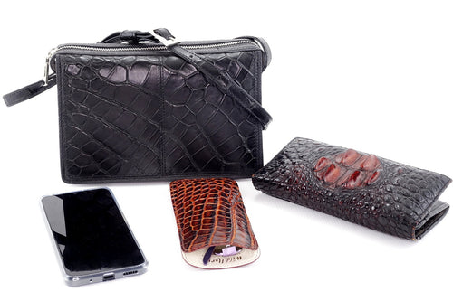 Handbag (Riley) Cross body bag - black matt crocodile skin & leather taken with other accessories to show capacity