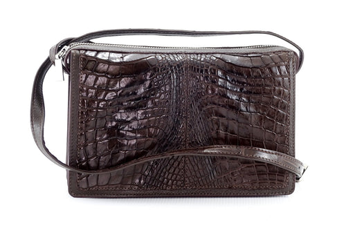 Handbag (Riley) Cross body bag chocolate brown crocodile & leather front side elbows