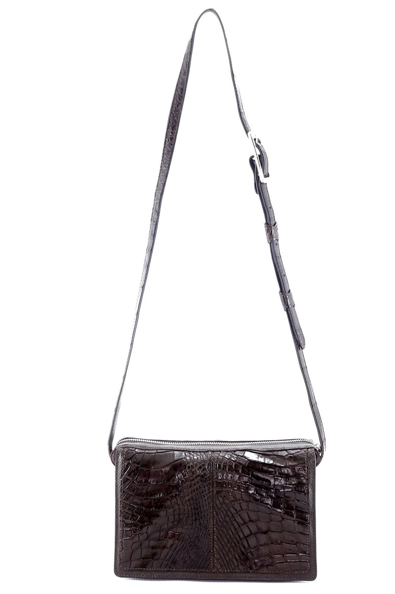 Handbag (Riley) Cross body bag chocolate brown crocodile & leather showing front with shoulder straps extended