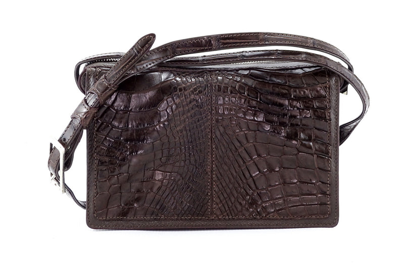 Handbag (Riley) Cross body bag chocolate brown crocodile & leather front side 2 showing the elbow texture