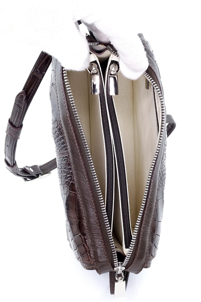 Handbag (Riley) Cross body bag chocolate brown crocodile & leather view from the top showing leather lining