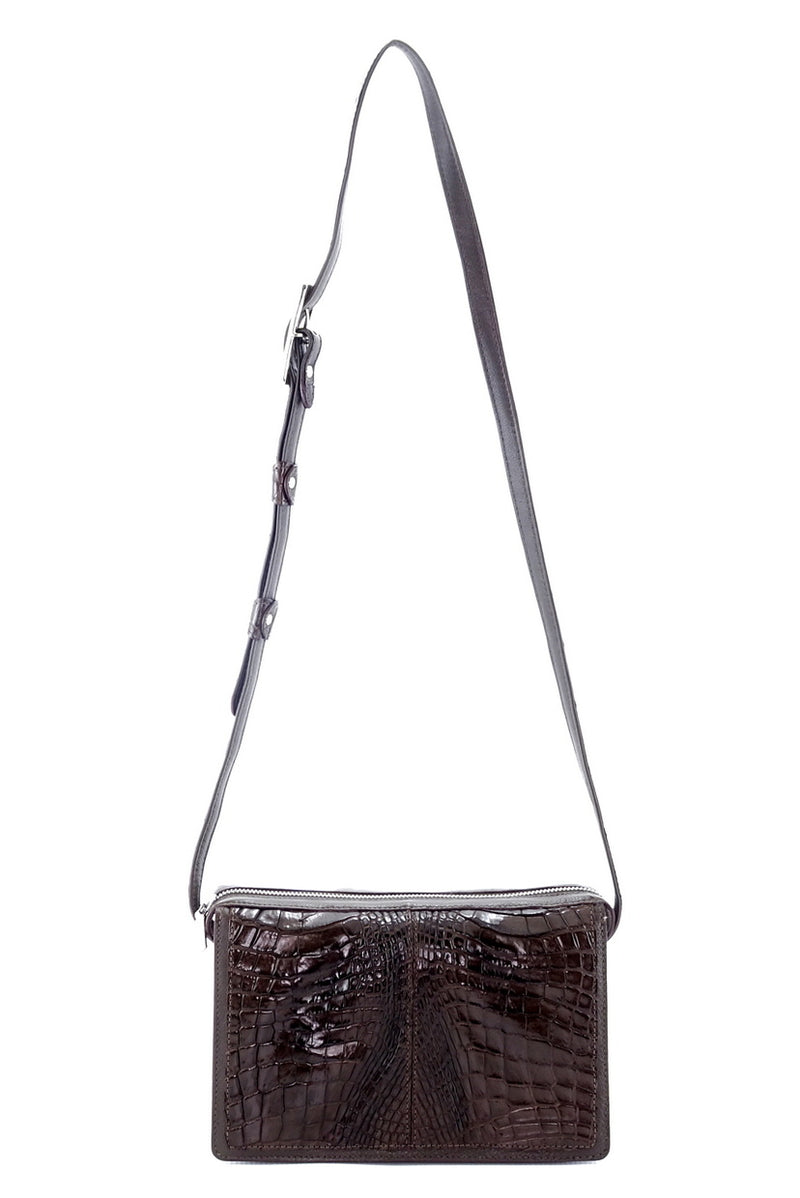 Handbag (Riley) Cross body bag chocolate brown crocodile & leather showing front view 2 shoulder straps extended