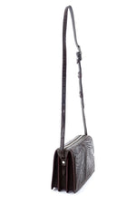 Handbag (Riley) Cross body bag chocolate brown crocodile & leather side gusset view with shoulder straps extended