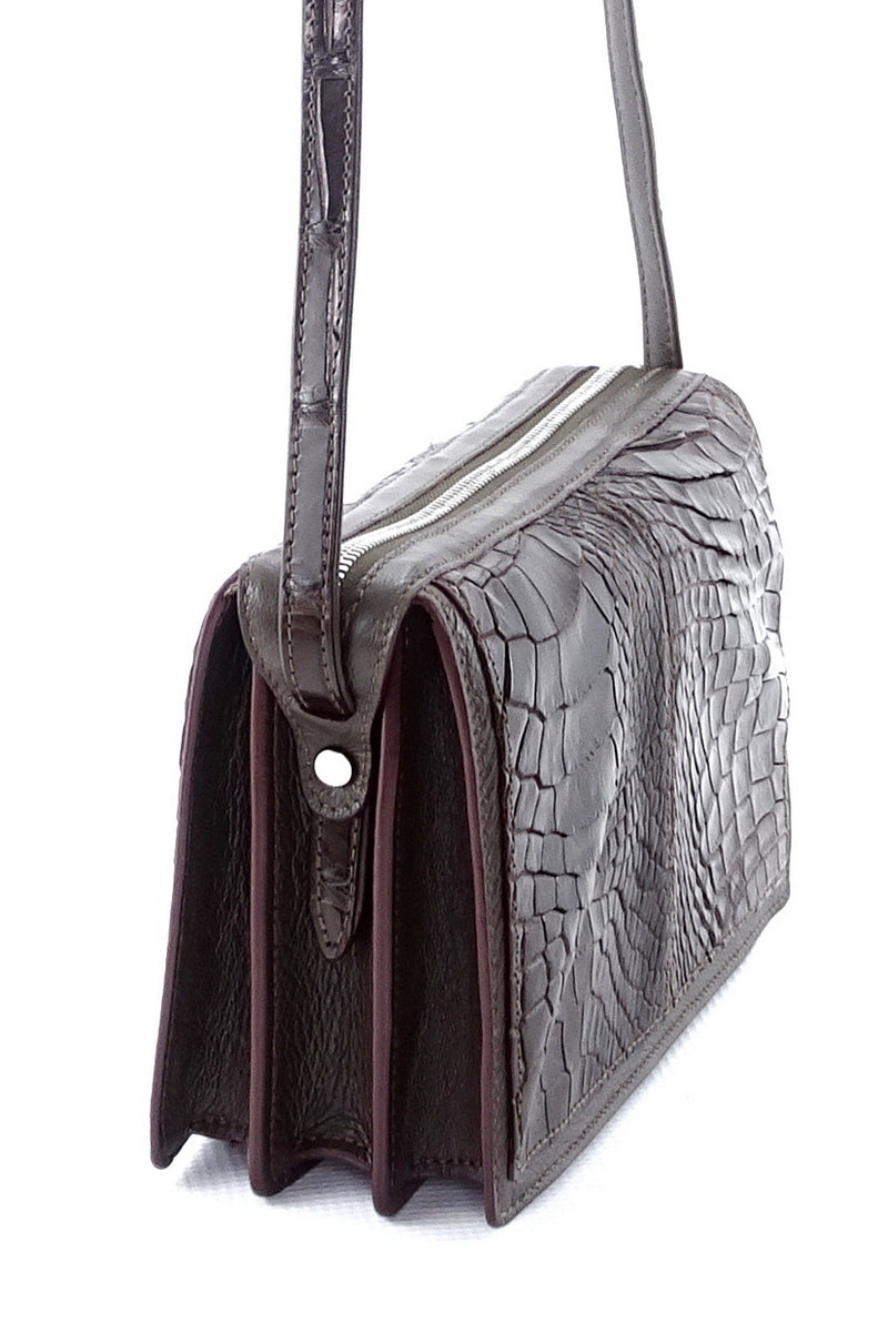 Handbag (Riley) Cross body bag chocolate brown crocodile & leather showing close up of the 3 gussets