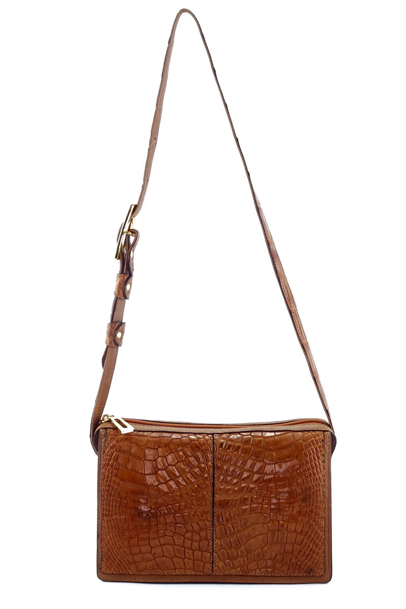 Handbag (Riley) Cross body bag saddle tan crocodile & leather front view with shoulder straps extended side 1