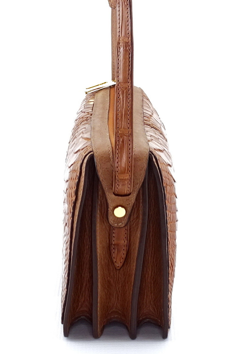 Handbag (Riley) Cross body bag saddle tan crocodile & leather showing close up end side gusset