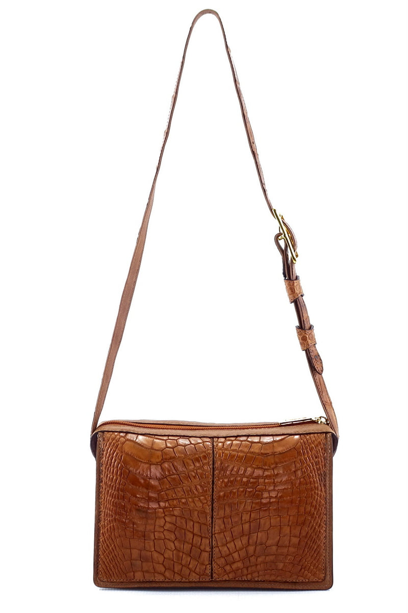 Handbag (Riley) Cross body bag saddle tan crocodile & leather showing front side 2 with shoulder straps extended