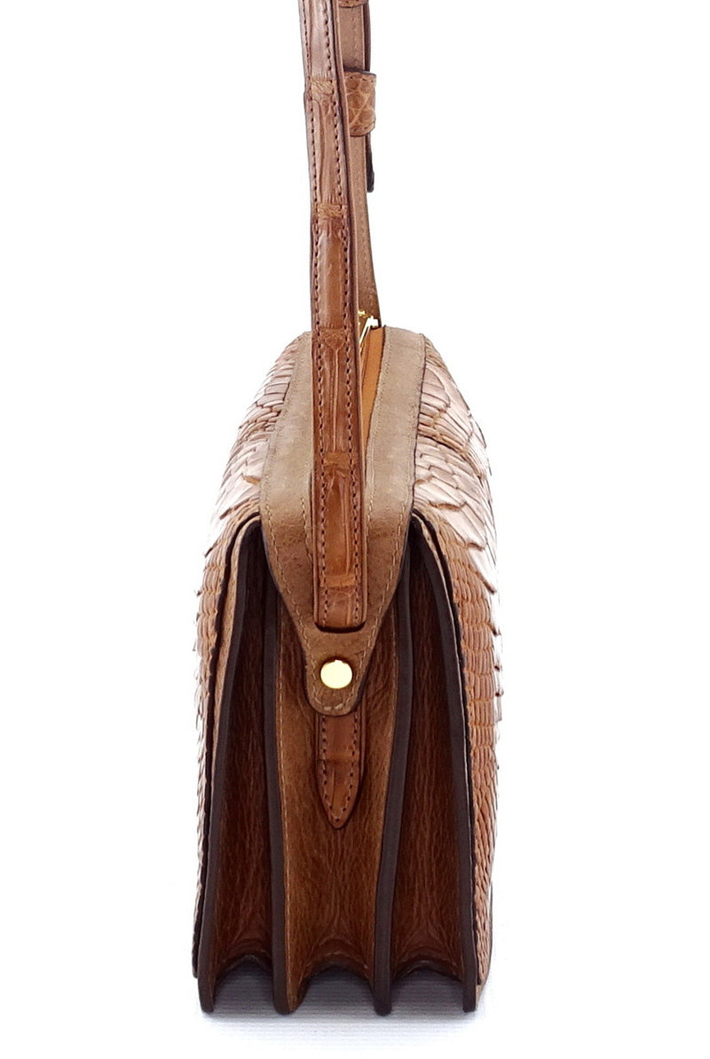 Handbag (Riley) Cross body bag saddle tan crocodile & leather end gusset view showing 3 gussets