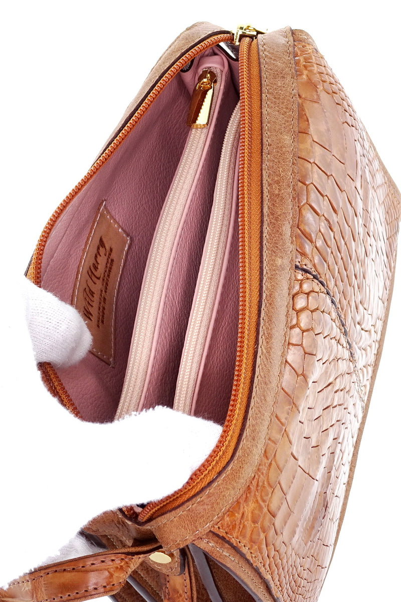 Handbag (Riley) Cross body bag saddle tan crocodile & leather view frin the top showing the blush pink leather lining pockets