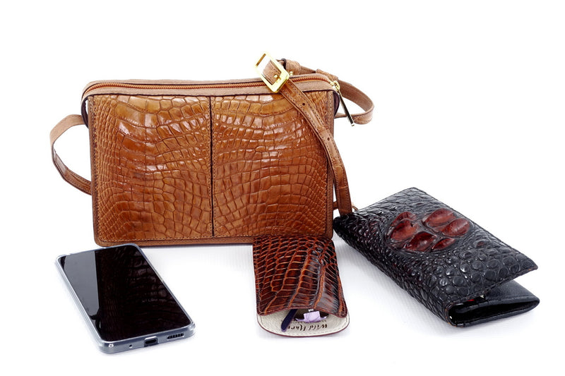 Handbag (Riley) Cross body bag saddle tan crocodile & leather with other crocodile accessories and large smalrt phone