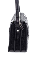 Handbag (Riley) Cross body bag - black matt crocodile elbows & leather showing close up of the end gussets