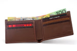 Brown leather Large bi fold martin wallet showing the inside pockets with cards & notes in place