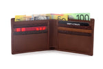 Brown leather Large bi fold martin wallet showing the inside pockets with cards & notes in place standing upright