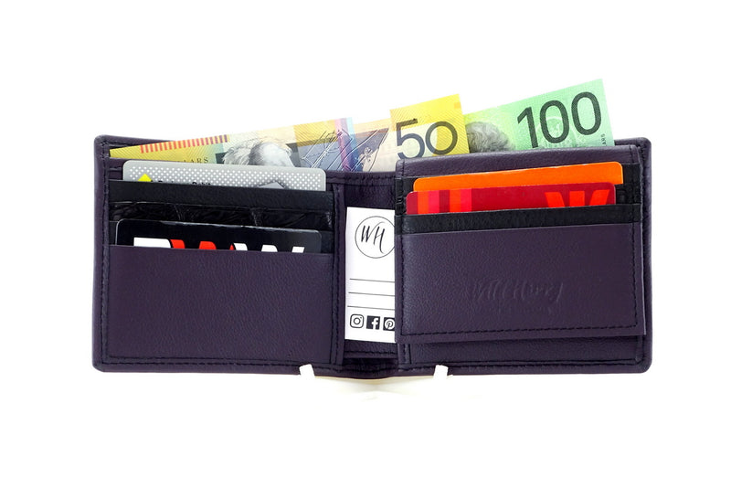 Wallet dark purple picture flap showing inside pockets in use with money and cards view