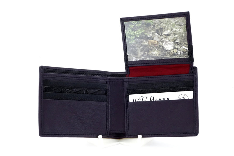 Wallet dark purple picture flap showing inside pocket layout under picture flap view