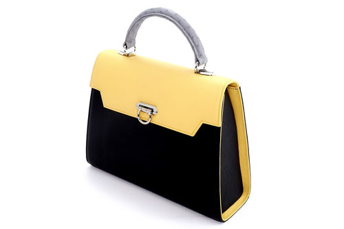 Handbag -traditional - (Joan) Black, lemon & grey colour combination - leather handbag - showing angled view of front & side