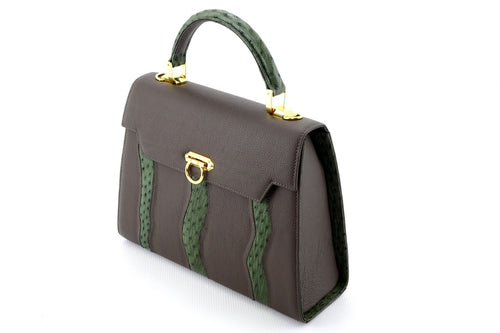 Handbag -traditional - (Joan) Grey & green combination & gold fittings.  Mid grey leather with green ostrich skin leather showing front & side view
