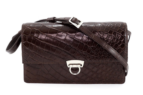 Handbag - cross body - (Tanya)  Chocolate matte crocodile. View of front of bag with shoulder strap attached
